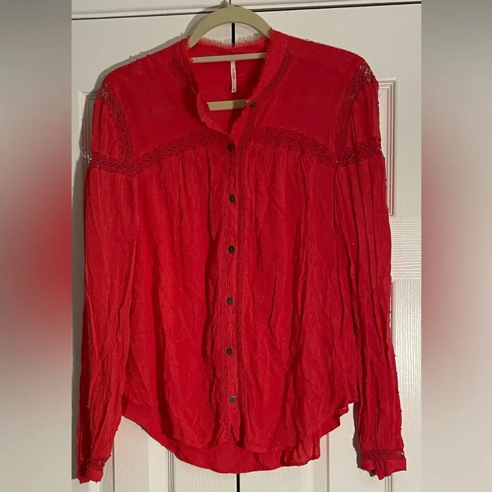 Free People Red Swiss Dot Embroidered Crotchet Trim Blouse Size Medium